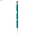 A teal metal pen with silver accents and a clip, featuring a sleek design and a shiny finish.