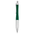 A green metal pen with a shiny silver clip and barrel. It features a sleek and elegant design.
