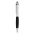 A metal pen with a silver barrel, a black grip, and a clip. It features a branding logo.