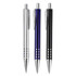 Three metal pens in silver, blue, and black, featuring chrome accents and a logo on each.