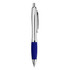 A metal pen with a silver body and a blue rubber grip, featuring a clip and a push mechanism.