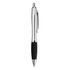 A sleek silver metal pen with a black rubber grip and a logo on the barrel.