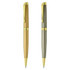 Two metal pens are displayed: one in gold and the other in green, both featuring gold accents and a branding logo.