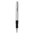 A metal pen in silver with a black grip, featuring a logo on the barrel.