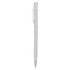 A silver metal pen with a sleek design and clip, featuring a branded logo.