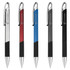 A set of five metal pens in red, blue, silver, and black with rubber grips and a logo.