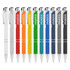 A collection of metal pens in various colours, including white, red, orange, green, blue, and grey, featuring branding.