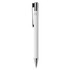 A metal pen in white with silver accents and a clip, featuring a logo.