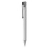 A metal pen in a sleek silver finish with a clip and a polished tip. It features a branding logo.