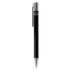 A metal pen with a sleek black body and silver accents, featuring a clip and a shiny finish.
