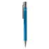 A blue metal pen with a shiny silver clip and decorative rings near the top. It has a sleek, polished finish.