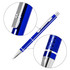 A blue metal pen with a textured grip and chrome accents, featuring a clip and detailed close-ups.