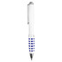 A metal pen with a white barrel and blue patterned grip, featuring a silver clip and tip.