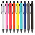 A collection of metal pens in white, pink, orange, yellow, and black, featuring clip attachments and brand logos.