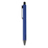 A blue metal pen with a black clip and tip, featuring a logo on the barrel.