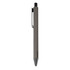 A metal pen in a sleek grey finish features a clip and a smooth design. The pen has a logo on its body.