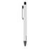 A metal pen in white with a black tip and clip, featuring a simple, sleek design and a branding logo.