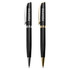 Two metal pens in black, one with a silver clip and the other with a gold clip, featuring branding.