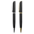 A pair of black metal pens, one with a silver clip and the other with a gold clip, featuring sleek designs.