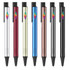 A collection of seven metal pens in silver, red, gold, blue, rose gold, black, and grey, featuring a logo on each pen.