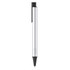 A silver metal pen with a black tip and clip, featuring a sleek and minimalistic design.