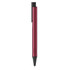 A metal pen in a sleek red colour with a black tip and clip, featuring a simple logo design.