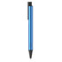 A blue metal pen with a black tip and clip, featuring a sleek design and branding.