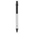 A metal pen in white with a black clip and tip, featuring a logo on the barrel.