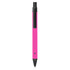 A pink metal pen with a black clip and tip, featuring a logo on its body.