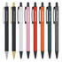 A set of eight metal pens in various colours including gold, white, pink, red, orange, teal, grey, and black, featuring a logo.