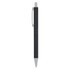 A metal pen with a sleek black body and silver accents, featuring a clip and a branding logo.