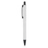 A metal pen in white with a black tip and cap, featuring a clip and branding.