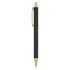 A metal pen in black with gold accents, featuring a clip and a smooth barrel design.