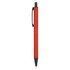 A metal pen in vibrant red with a black clip and tip, featuring a sleek design and branding.