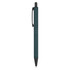 A metal pen in a dark teal colour with a clip and a sleek design. It features a branding logo.