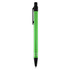 A metal pen in vibrant green with a black clip and silver accents. It features a sleek design and branding.