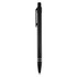 A black metal pen with a sleek design and a clip, featuring two silver stripes near the tip. It has a logo present.