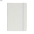 A5 PU notebook in white with an elastic closure and a smooth cover, featuring a logo.