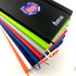 A stack of A5 PU notebooks in various colours, featuring a logo on the top notebook.