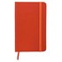 An orange A6 PU notebook with an elastic band closure and a bookmark ribbon. It features a branding logo.