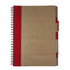 A recycled paper notebook with a brown cover, red spiral binding, and a red pen attached.