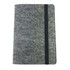 A grey felt notebook with a black elastic band, featuring a simple design and a logo on the cover.