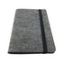A grey felt notebook with a black elastic band, featuring a minimalistic design and a logo.
