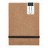 A brown Flexi Notebook featuring a binder clip and an elastic strap for secure closure.