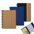 A set of three notebooks in brown, black, and blue, featuring spiral bindings and side pockets for sticky notes.