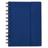 A navy blue notebook featuring a spiral binding and an elastic band closure. It has a simple design with a logo.