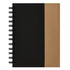 A notebook featuring a black cover with a brown kraft side, secured by a black spiral binding. It has a logo on the front.