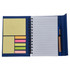 A blue Keebo notebook with lined pages, assorted sticky notes in yellow and pink, and a pen.