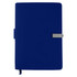 A navy blue notebook with a sleek cover and a silver clasp. It features a logo on the front.