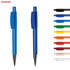 A set of plastic pens in various colours, featuring blue and black pens with clips and a logo on the top left.